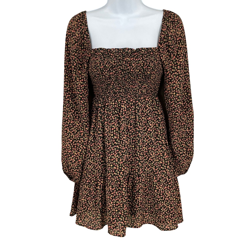 Abercrombie & Fitch Dress XS Black Ditsy Floral Babydoll Smocked Boho Mini‎